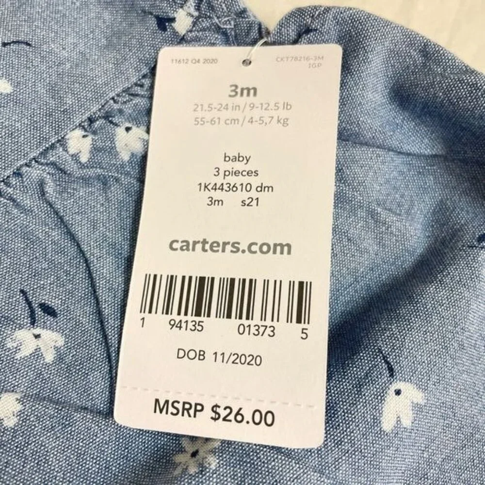 Carter’s Baby girl 3 Pc Set Body Suit, Shorts, Blouse Set 3 M (#5501)